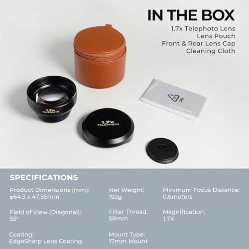 Freewell 1.7X Telephoto Lens for iPhone & Samsung – 17mm Threaded Premium Portrait & Wildlife Lens