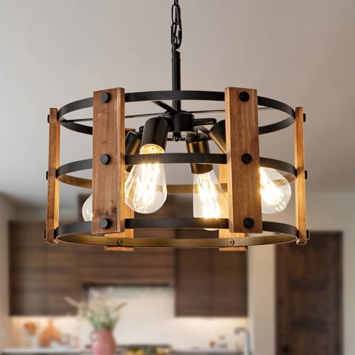 Matven 15'' Farmhouse Chandelier, Wooden Chandelier，Adjustable Dining Room Light Fixture