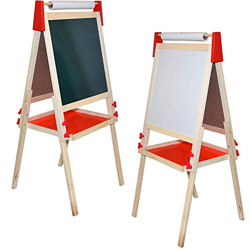 Deluxe Standing Art Easel - Dry-Erase Board, Chalkboard, Paper Roller,Magnetic Whiteboard, Includes Paper Roll, and Accessories,The Ultimate All-in-One Wooden Kid's Art Easel, Young Artist Easel