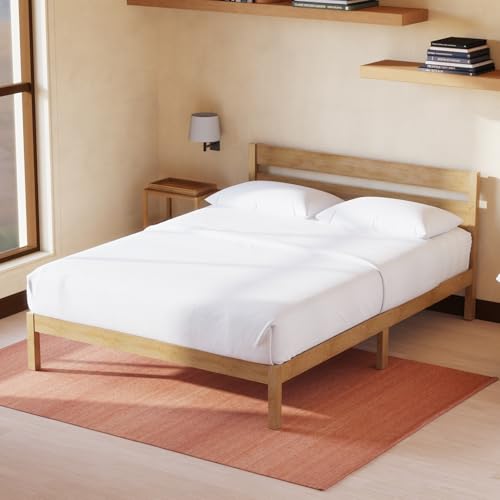 Image of LIFEMENT Queen Bed Frame with Headboard Classic Wood Platform, Noise Free, Under Bed Storage, No Box Spring Needed, Easy Assembly, Natural