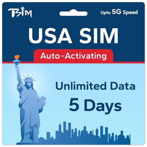 TSIM USA SIM Card 5 Días | Datos Ilimitados | Alta Cobertura Red 5G Multioperador | Activación Automática | Plan Recargable | Hotspot Permitido | Solo Datos
