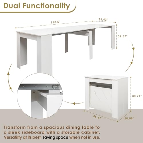 Image of Extendable Dining Table, Transformer Console to Dining Table for 12 People, Folding Space Saving Dining Room Table for Small Spaces, White Marble