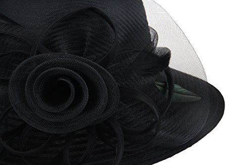 DANTIYA Lady Derby Dress Church Bow Bucket Wedding Bowler Hats Wide Brim Beach UPF Protection Cap (Black, Free)