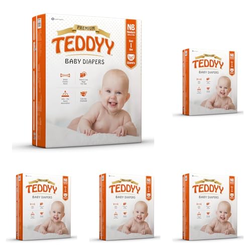 Image of TEDDYY Premium Baby NB Size Diaper Tape Style | 66 Count (New Born) | 2-5 kgs (Pack of 5) | Quick Absorbency | Extra Super Soft | Anti - Bacterial | Colour Changing Wetness Indicator with Adjustable Grip Tapes