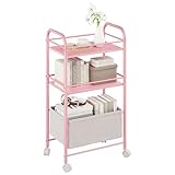 YITAHOME Carrito de Cocina de 3 Niveles, con Tabla de Madera, Estructura de Metal y Cesta Trenzada, Carrito con Ruedas con Bloqueo, asa, Carrito de Libros para Oficina, salón (Rosa)