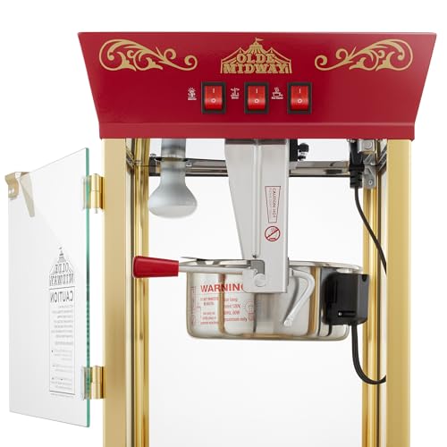 Olde Midway Movie Theater-Style Popcorn Machine Maker with Cart and 10-Ounce Kettle - Red, Vintage-Style Popper on Wheels