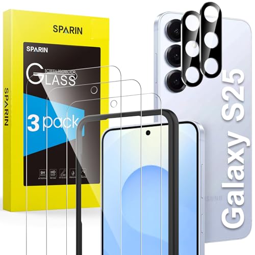 SPARIN für Samsung Galaxy S25 Panzer Schutz Glas 3 Stück Schutzfolie und 2 Kameraschutz mit Rahmen Positionierhilfe Fingerabdruck-ID Unterstützen 9H Härte Kratzfest HD-Klar 3+2 Stück