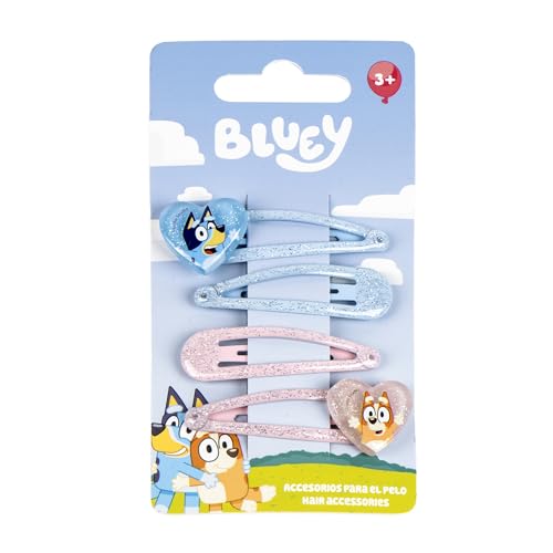 CERDÁ LIFES LITTLE MOMENTS Bluey & Bingo Set mit 4 Haarnadeln mit Glitzer Metall-Haarspangen für Mädchen mit Glitzer in Rosa und Blau offiziell lizenziertes Haar-Zubehör