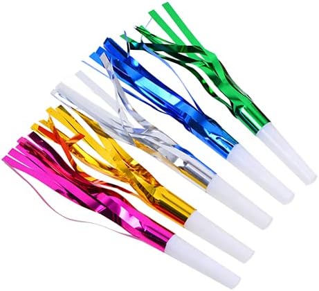jojofuny 24Pcs Noisemaker Toys, Colorful Party Blowers, Glitter Fringed Metallic Blow Horns Whistles, Blowouts Noise Makers Birthday Favors Toys ( Mixed Color )
