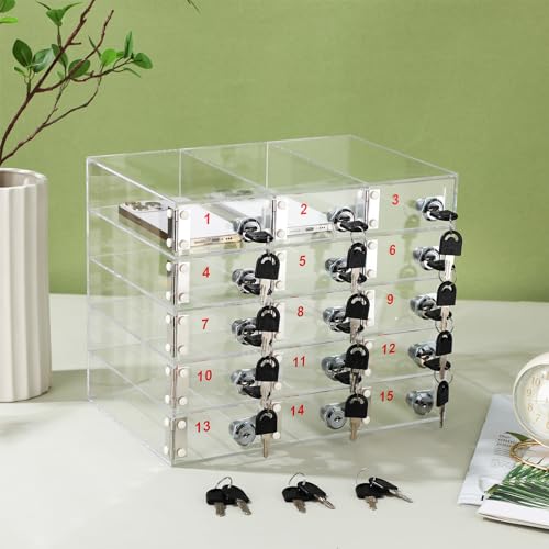 Image of Layhit Clear 15 Slots Cell Phone Locker Box for Classroom Clear Acrylic Cell Phone Storage Cabinet Bin with Door Locks for Classroom School Students Office Factory Employees
