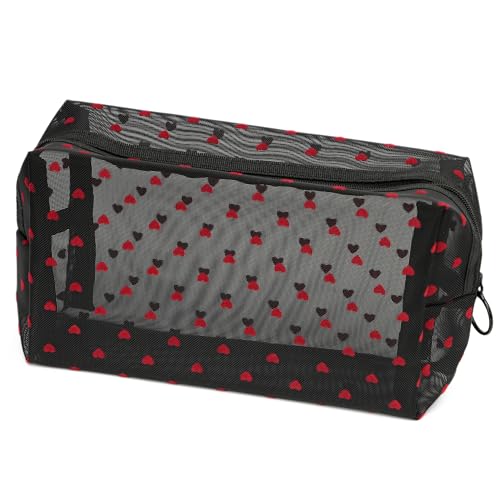 TOPASION Portable Mesh Makeup Bag with Zipper Small Travel Toiletry Bag Lightweight Cosmetic Pouch (Black Square Red Heart)