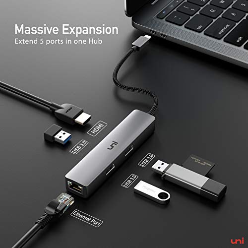 Usb C Hub, Uni 5-In-1 Usb C To Ethernet Adapter Hub With 4K Usb C To Hdmi, 1Gbps Gigabit Ethernet Port, 3 Usb 3.0 Ports (Aluminum Shell, Nylon Braided Cord) For Macbook Pro, Ipad Pro, Xps And More #TOP1