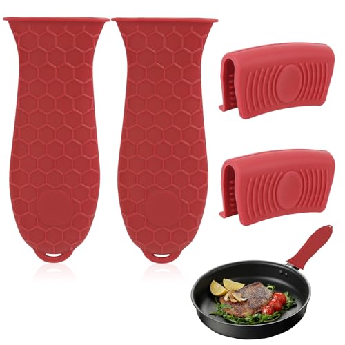 Cast Iron Handle Cover, 4 Pack Silicone Pot Handle Cover Heat Resistant Pot Holders, Assist Pan Handles Sleeve, Non-Slip Silicone Handles for Frying Cast Iron Skillet Metal Pan Kitchen Cookware, Red
