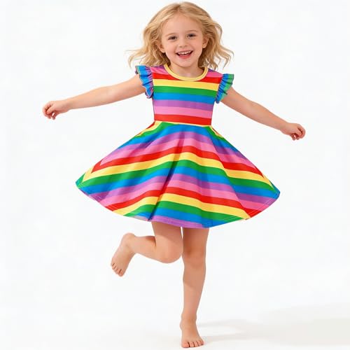 Image of Tkria Toddler Girls Rainbow Dress Striped Fall Dress Cartoon Colourful Long Sleeve Casual Dressy 2-7T