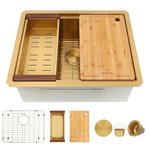 Image of YetCrest 23 Inch Gold Undermount Kitchen Sink,16 Gauge Stainless Steel Kitchen Sink Single Bowl, 23"x19"x9" Undermount Sink Ledge Workstation Sinks With All Accessories, Multi-Functional Sinks