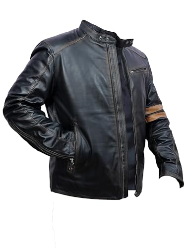 Real Lambskin Leather Mens Biker Jacket Casual Windbreaker Accents Moto Style Zippered Jacket