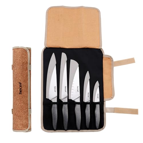hecef Messerset mit 5 Slots Rolltasche und Messerscheide, Weinlese Stonewashed Edelstahl Messer Set mit hohlem Griff, Professionelles Küchenmesser Set für Outdoor, Camping