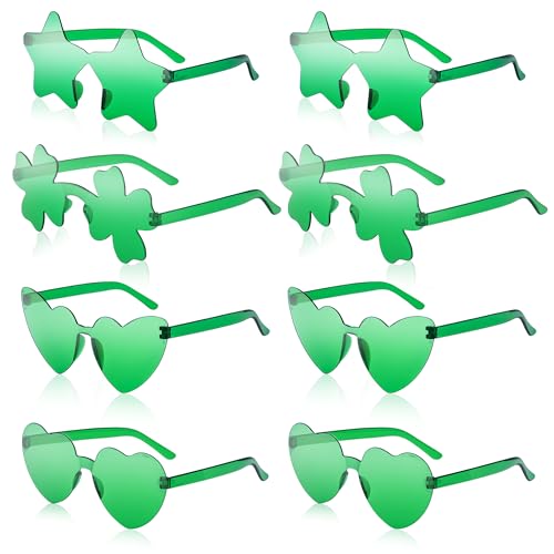 IKUVNA 8 Piece St. Patrick’s Day Irish Shamrock Sunglasses Green Lucky Heart Star Four Leaf Clover Saint Patricks Party Glasses (8 Pack Green)