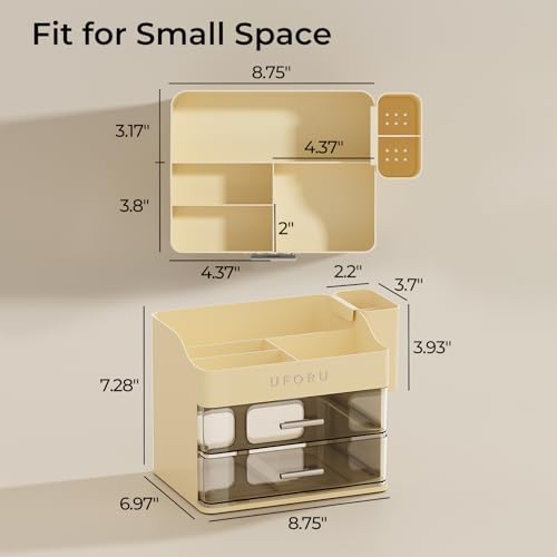 Image of UFORU Makeup Organizer for Vanity with Brush Holder, Countertop Skincare Organizer with 2 Drawers, Spacious Cosmetic Display Case for Perfumes, Eyeshadow Palettes, Nail Polishes