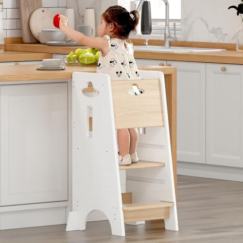 Comparison: Best Kitchen Towers For Toddlers COSYLAND Toddler Standing Tower Adjustable Height - Super Stable Kids Kitchen Stool Helper - 3 Levels Adjustable Wooden Toddler Kitchen Stool (Natural & White)