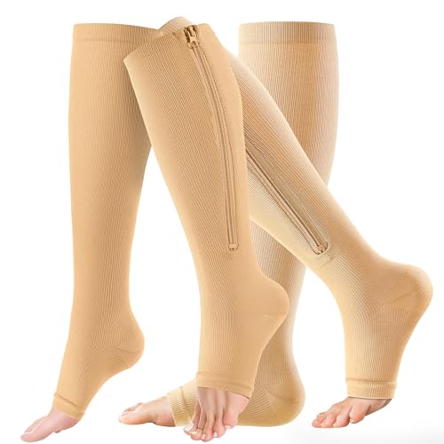 Image of cerpite Zipper Compression Socks, 2-Pack Open Toe 15-20mmHg for Men & Women