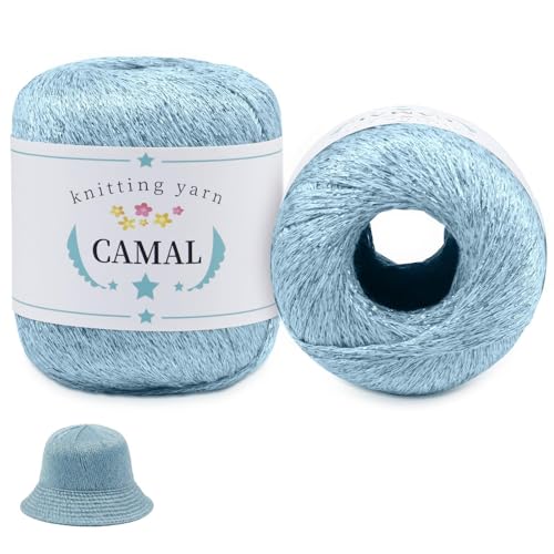 CAMAL 2 unidades de fio de algodão de crochê, 1,5 mm x 200 m fio metalizado para crochê, luxo metalizado algodão Yarn para roupas, xailes, projetos brilhantes DIY (azul lacado)