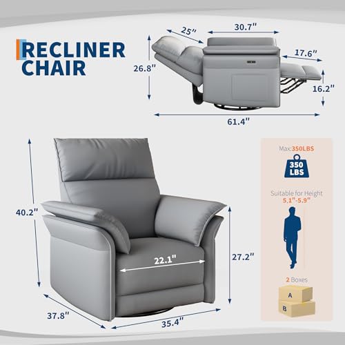 Image of GarveeHome Power Recliner Chair Swivel Glider Upholstered Faux Leather Nursery Rocker Reclining Sofa Chair with Charging Port, Curved Armrests & Padded Backrest (Gray)