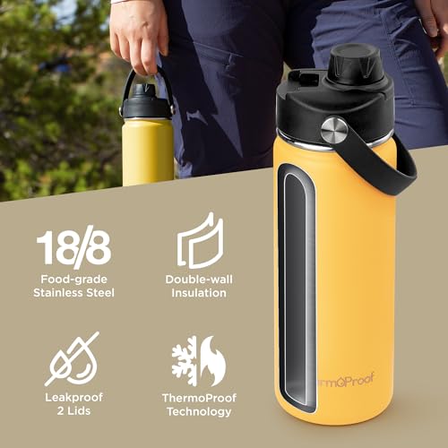 Image of ThermoProof Insulated Water Bottle - Stainless Steel, Wide Mouth, Flip & Spout Lids, Leakproof, Dishwasher Safe, Reusable - Keeps Drinks Hot or Cold - for Adults & Kids - 18oz, Amber