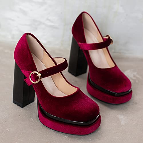 LYYSKY Womens Fashion 11.5CM Chunky High Heels Square Toe Ankle Strap Platform Mary Jane Shoes Summer Evening Dress Casual Party Pumps3