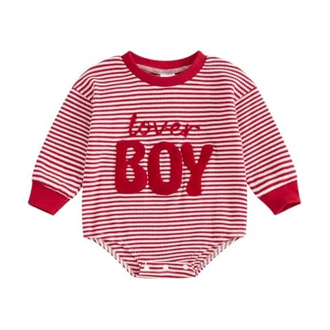 Bmnmsl Newborn Baby Boy Valentine's Day Romper Long Sleeve Round Neck Letter Embroidery Infant Stripe Sweatshirt (Red, 3-6 Months) Cover
