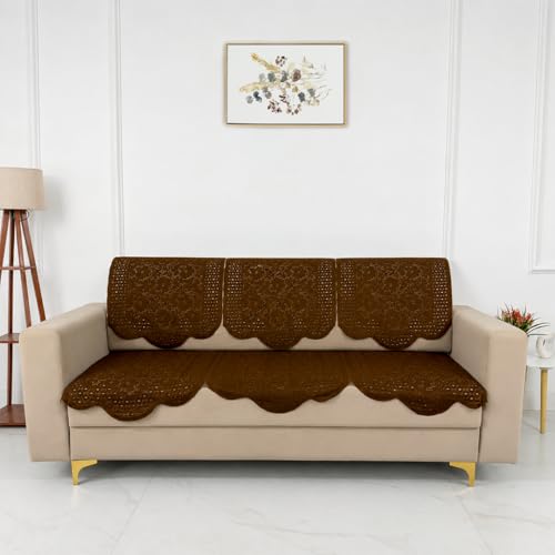 Image of Homerz Premium 'Surya Series' Sofa Cover | Stylish Sofa Protector | Net Fabric | Anti-Stain & Washable Slip Cover Exact Size Antislip (Flower Valley Brown, 6 (3+2+1) Seater, Seat Cover with Backrest)