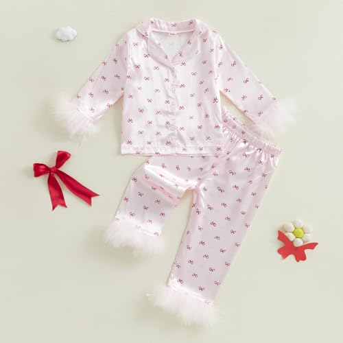 DuAnyozu Toddler Girl Valentines Outfit Satin Pajamas Feather Trim Sleeve Top Pants Kids Little Girls 2Pcs Pjs Sleepwear2