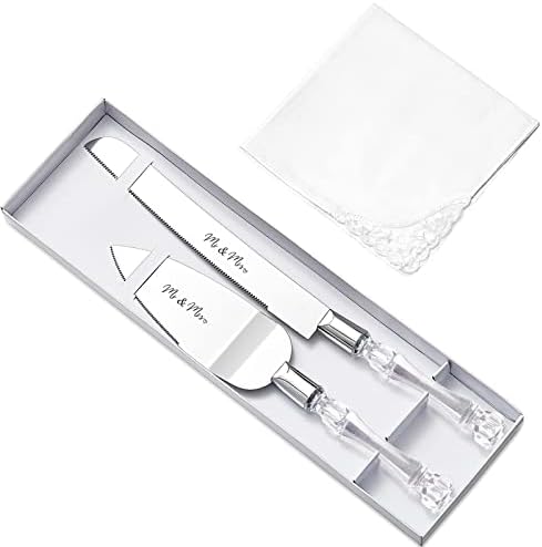 Set of 3 Wedding Cake Cutting-Mr and Mrs Wedding Cake Knife Cake Pie Pastry Servers and White Lace Handkerchief,Cake Cutter and Server Set Perfect for Wedding,Birthday,Anniversary,Parties and Events
