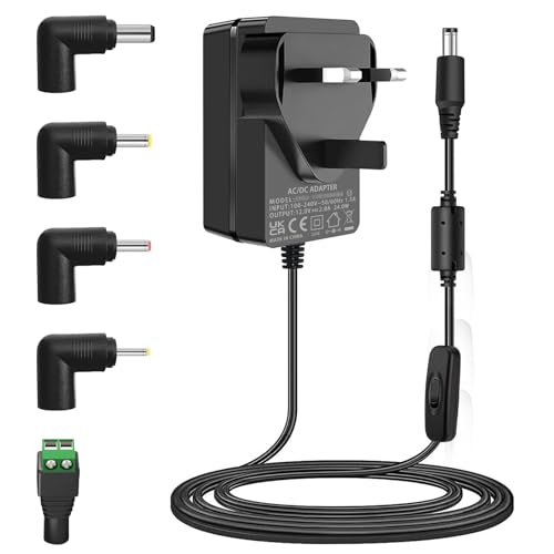 ​12V 2A Power Supply Adapter, 24W AC/DC Converter 100-240V to 12V DC, 5.5x2.5mm Tip with 5 Interchangeable Plugs, for 12 Volt 100mA-2000mA LED Strip, CCTV Camera, Router, Speaker, TV Box​.