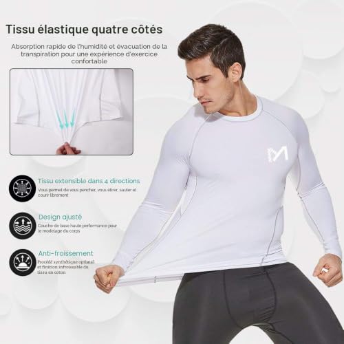 MEETYOO Tee-Shirt Base Layer Compression Homme,Blanc,L – vue 4