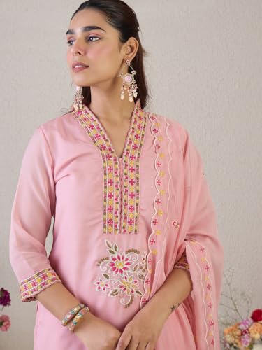 Image of INDO ERA Women's Straight Organza Floral Embroidered Kurta & Pant with Dupatta Set (IESTR9806)