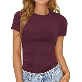 Summer Tops for Women Tight Short Sleeve Shirts Casual Compression T Shirt Fitted Basic Tees(Burgundy,M)