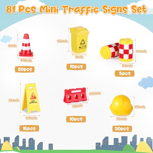 HyDren 81 Pcs Mini Traffic Signs Set for Kids Street Signs Playset Miniature Plastic Traffic Cones Warning Sign Garbage Can Mini Roadblocks Helmet Mini Barrel Road Safety Education Toy for Boys Girls - Thumbnail 2