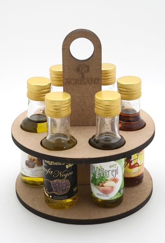 AGRISANZ-aceitera de madera 6x100ml,aceite oliva virgen extra,olive oil,aceite de oliva condimentado con productos naturales,pack regalo/degustación gourmet.