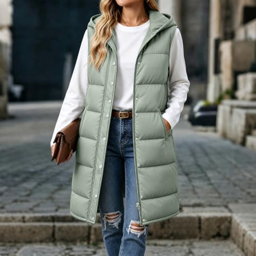 XOGWVJ Womens Long Vests Sleeveless Outerwear Womens Puffer Vest Long Hooded Sleeveless Coat Winter Warm Quilted Zip Up Jacket with Pockets Casual Cold Outerwear Green XL - image 3