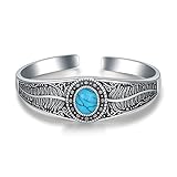 DOLIOX 925 Sterling Silver Turquoise Bracelet for Women Men Handmade Feather Bangle Cuff Native American Adjustable Jewelry 6.5 7 7.5 Inch
