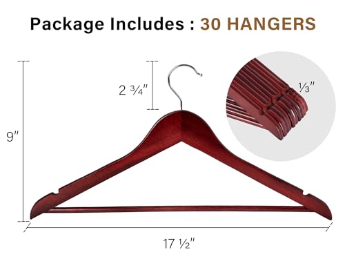 StorageWorks Wooden Hangers 30 Pack, Wood Coat Hanger for Coats, Shirts, Jackets, Pants, Suits, Dark Cherry Color