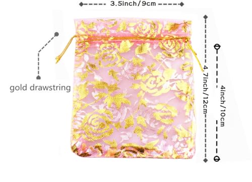 Image of 100 Pack 3.5 x 4.7 Inch Organza Jewelry Gift Pouch B921, Pink Flower