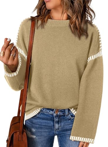 Image of Women's Crewneck Long Sleeve Sweater Casual Fall Contrast Ribbed Knit Pullover Jumper Tops