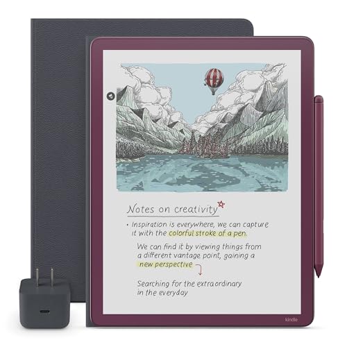 Image of Amazon Kindle Scribe Essentials Bundle - Amazon Kindle Scribe Colorsoft (64GB) - Fig, Premium Pen, Premium Leather Executive Folio Cover-Graphite,Power Adapter
