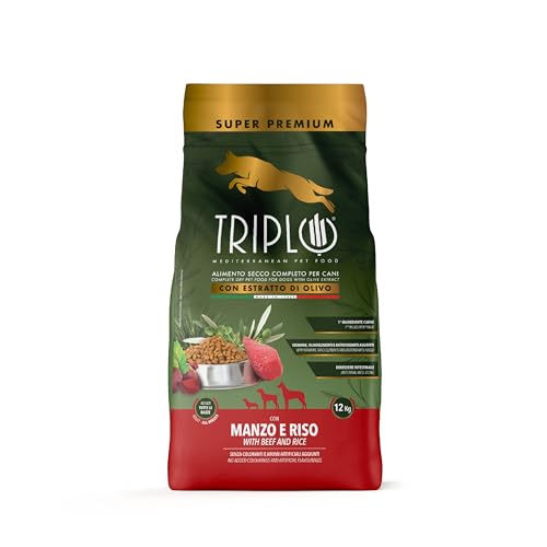 TerComposti - Triplo Pet Food Manzo e Riso 12kg, Ideale per Adulti di Tutte le Razze, Pelo Lucido e Folto, Crocchette Cani con Estratto di Olivo, Cibo per Cani Secco Nutriente e Bilanciato
