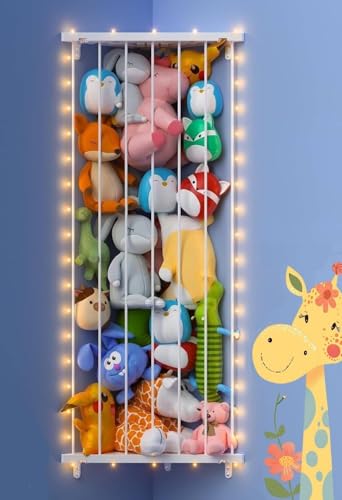 Image of GGUO Corner Stuffed Animal Storage Net - Stuffed Animals Holder with Lights - Plush Organizer Hanging Stuffed Animal Hammock for Wall (White)