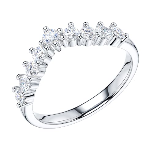 THELANDA Genuine Moissanite or Simulated Diamond Sterling Silver Slight V Shape 3-Prong Set Eternity Matching Ring Wedding Band2
