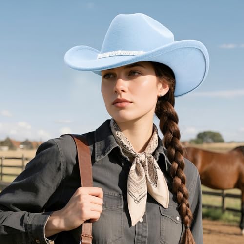Image of DRESHOW Glitter Cowboy Hat Classic Western Rhinestone Cowgirl Hat Outdoor Wide Brim Retro Felt Fedora Hats Rolled up Caps