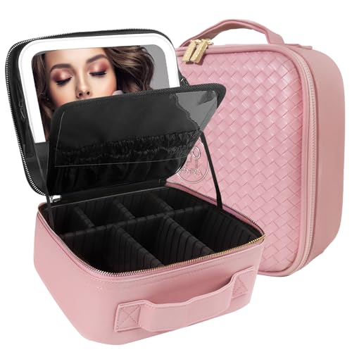 Image of MOMIRA Travel Makeup Bag Cosmetic Bag Makeup Organizer Bag with Lighted Mirror, Adjustable Brightness in 3 Color Scenarios, Waterproof Makeup Train Case, Gift for Women - Sapphire Pink(Woven)